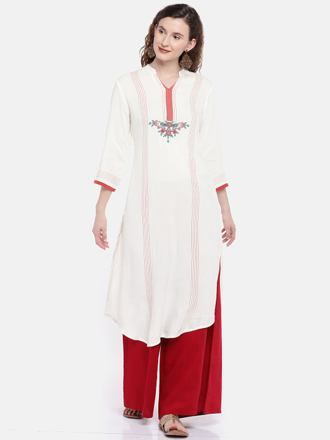 

Globus Women Beige Embroidered A-Line Kurta