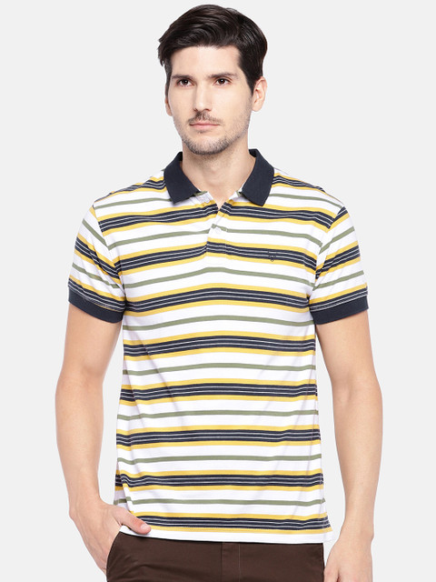 

Globus Men Off-White & Yellow Striped Polo Collar T-shirt