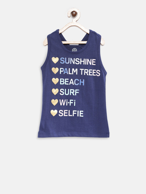 

TAMBOURINE Girls Navy Blue Printed Tank Pure Cotton Top