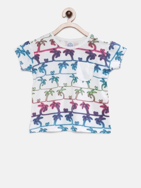 

TAMBOURINE Girls Multicoloured Printed Round Neck Pure Cotton T-shirt, Multi