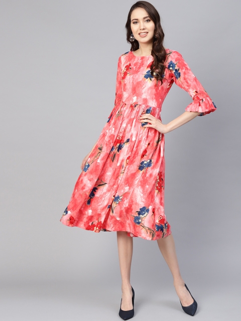 

Inddus Women Coral Pink Printed Midi A-Line Dress
