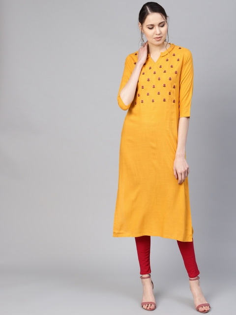 

Inddus Women Mustard Yellow Yoke Design Straight Kurta