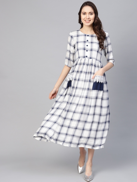 

Inddus Women White & Navy Blue Checked Midi A-Line Dress