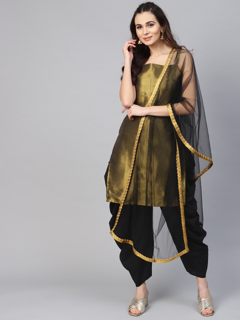 

Inddus Black & Golden Silk Blend Unstitched Dress Material