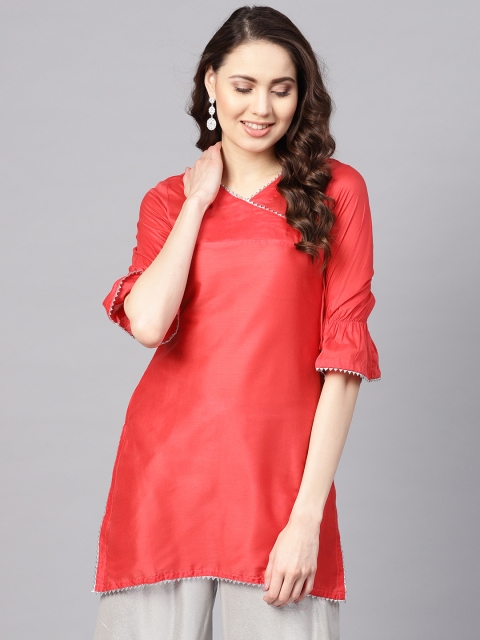 

Inddus Women Red Solid Straight Angrakha Kurta