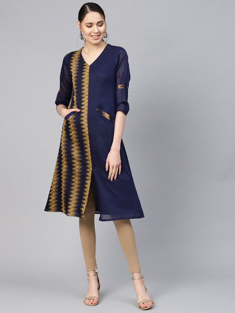 

Inddus Women Navy Blue & Beige Striped A-Line Kurta