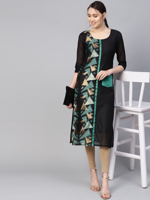 

Inddus Women Black & Green Woven Design Straight Kurta