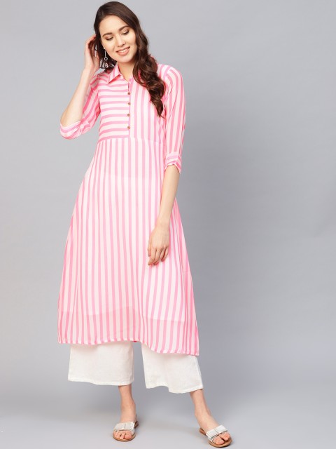 

Inddus Women Pink & White Striped A-Line Kurta