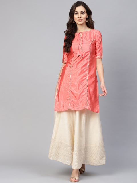

Inddus Women Coral Pink Solid Straight Kurta