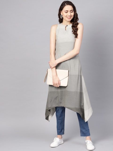 

Inddus Women Grey Striped A-Line Asymmetric Kurta