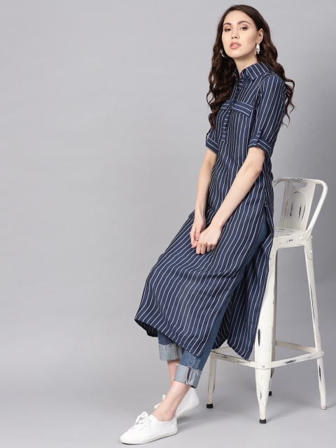 

Inddus Women Navy Blue & White Striped Straight Kurta