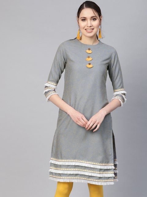 

Inddus Women Grey Solid Straight Kurta