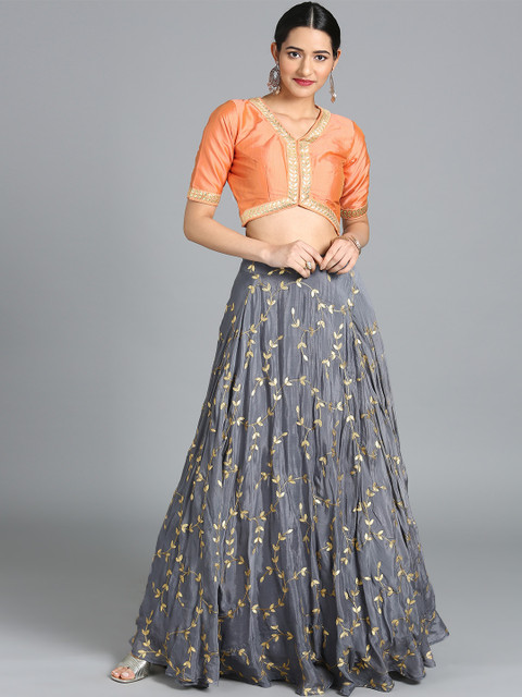 

EthnoVogue Grey and Orange Embroidered Made to Measure Lehenga & Cropped Blouse