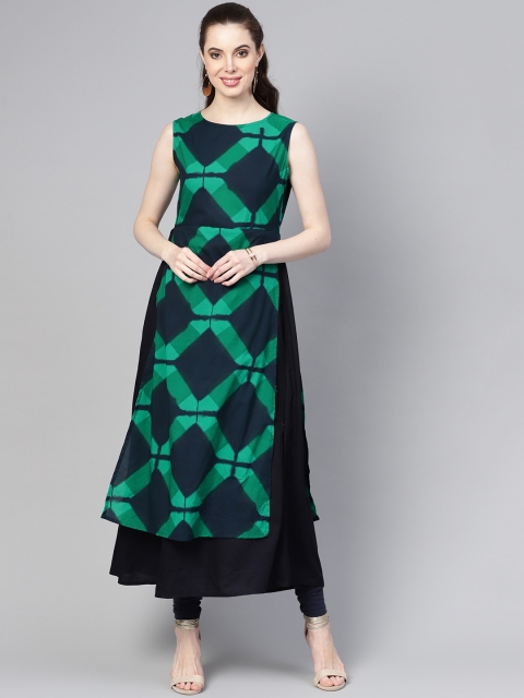 

Meeranshi Women Green & Navy Blue Layered Printed A-Line Kurta