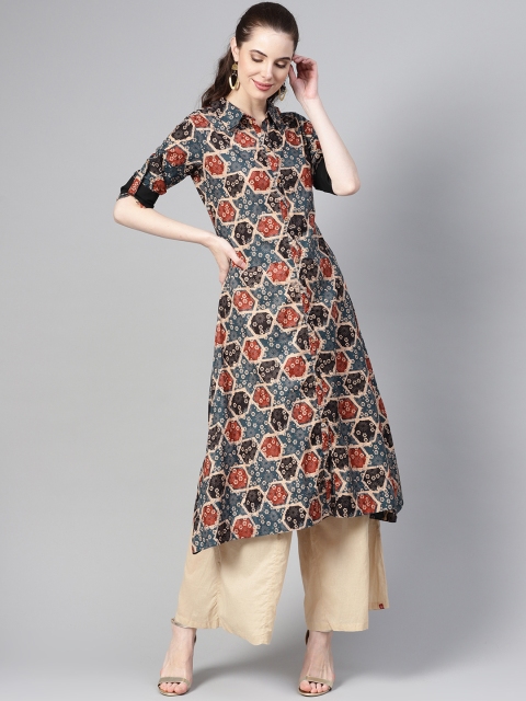 

Meeranshi Women Beige & Red Printed A-Line Kurta