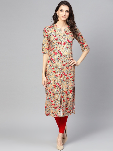 

Meeranshi Women Beige & Green Floral Printed Straight Kurta