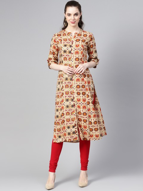 

Meeranshi Women Beige & Maroon Printed A-Line Kurta