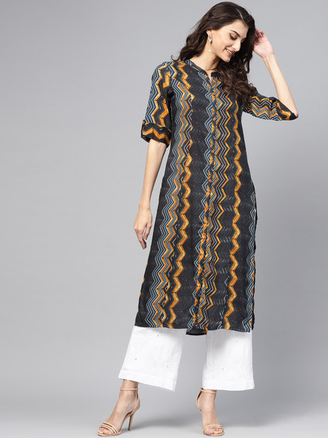 

Meeranshi Women Charcoal Grey & Mustard Yellow Printed Straight Kurta