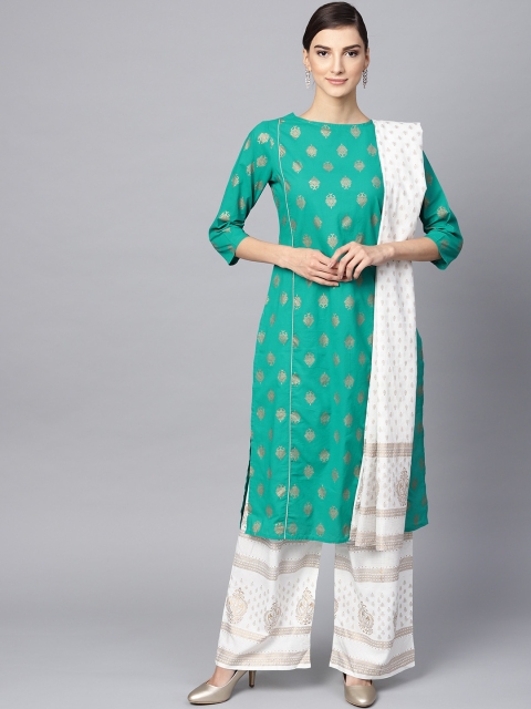 

Meeranshi Women Green & White Printed Kurta with Palazzos & Dupatta