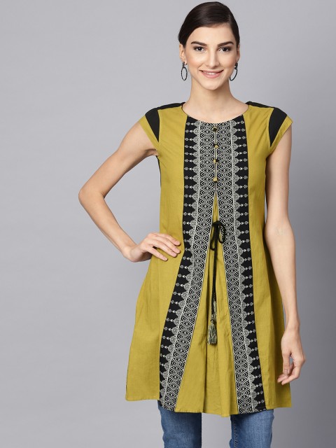 

Meeranshi Women Lime Green & Black Printed Straight Kurta