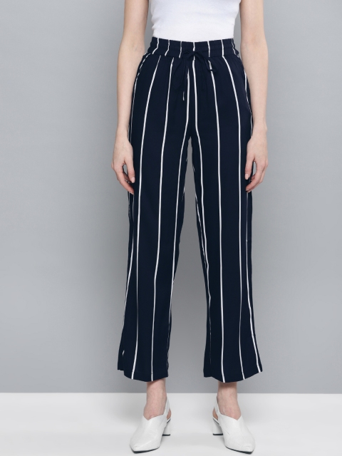 

Harpa Women Navy Blue & White Smart Fit Striped Parallel Trousers