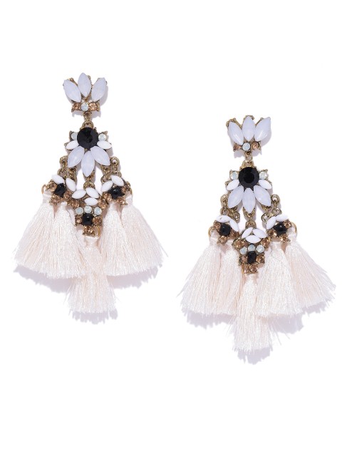

Bellofox Off-White Gold-Plated Stone-Studded Tasselled Contemporary Drop Earrings