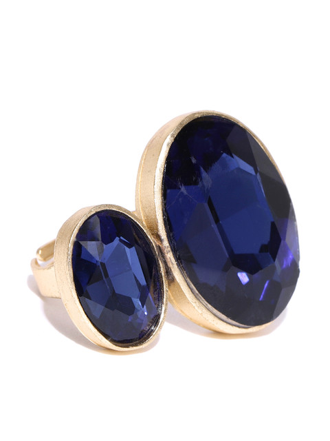 

Bellofox Women Navy Gold-Plated Stone-Studded Oval Adjustable Ring, Navy blue