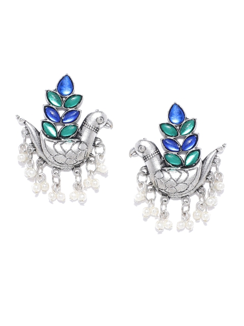 

Infuzze Silver-Toned & Blue Brass-Plated Stone Studded Oxidized Classic Drop Earrings