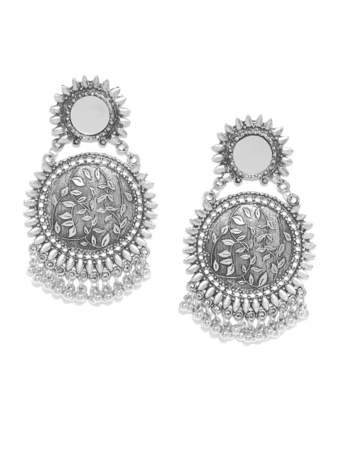 

Infuzze Oxidised Silver-Toned Brass-Plated Textured Mirror-Work Circular Drop Earrings