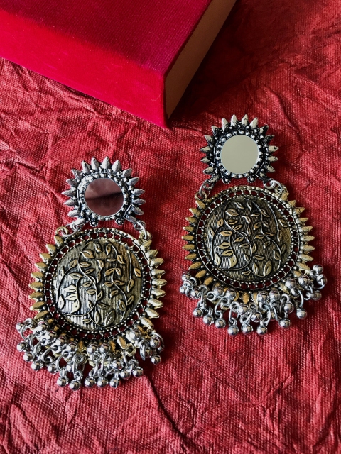 

Infuzze Gold-Toned & Silver-Toned Brass-Plated Mirror-Work Detail Circular Drop Earrings
