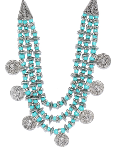 

Infuzze Turquoise Blue & Oxidised Silver-Toned Layered Beaded Brass-Plated Necklace