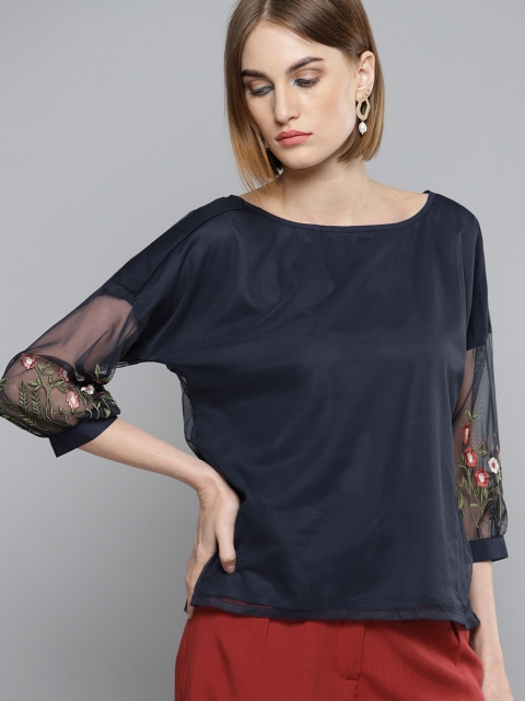 

Marie Claire Women Navy Blue Solid Top