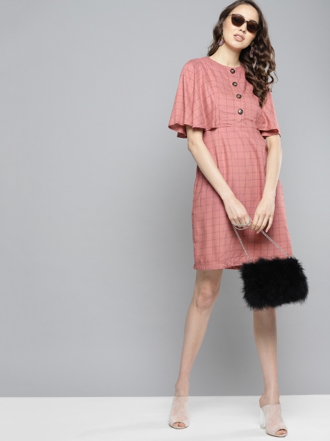 

Marie Claire Women Dusty Pink & Black Checked A-Line Dress