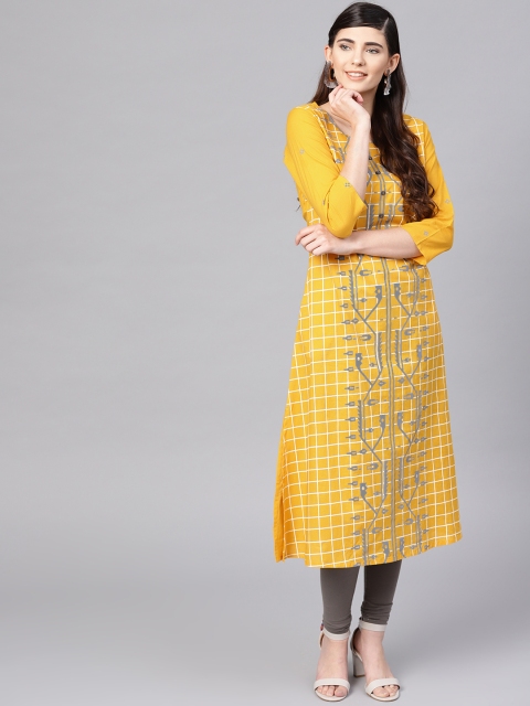 

Varanga Women Yellow & Grey Khari Print A-Line Kurta