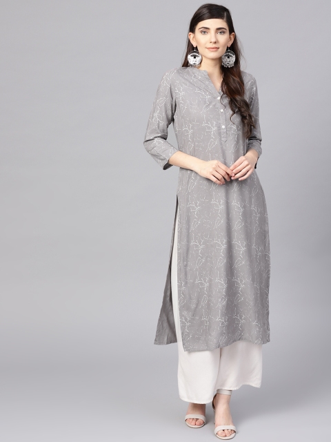 

Varanga Women Grey Khari Print Straight Kurta