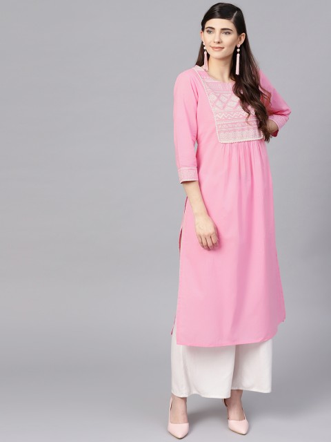 

Varanga Women Pink & White Yoke Design Khari Print Straight Kurta