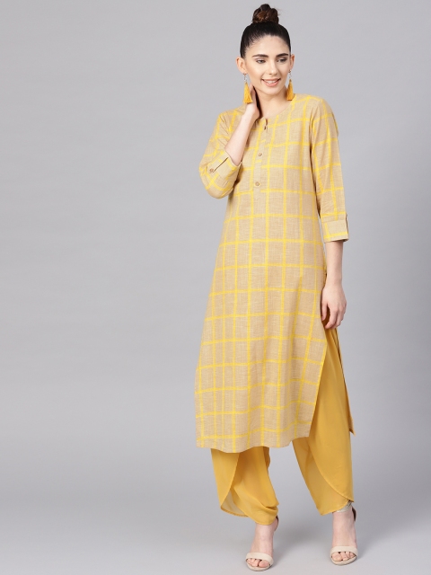 

Varanga Women Beige & Yellow Checked Straight Kurta