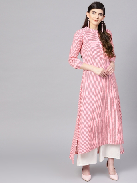

Varanga Women Pink & White Striped High-Low Screen Print A-Line Asymmetric Kurta