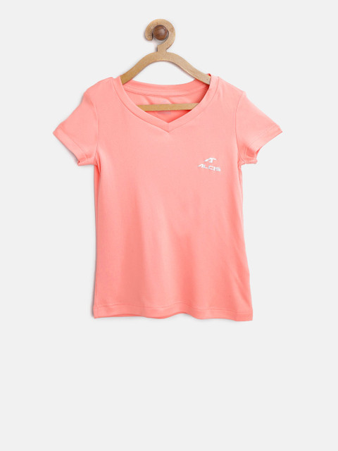 

Alcis Girls Peach-Coloured Solid Slim fit V-Neck T-shirt