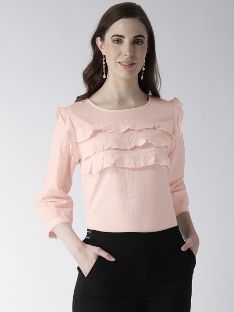 

Vaak Women Pink Frill Detail Solid Top