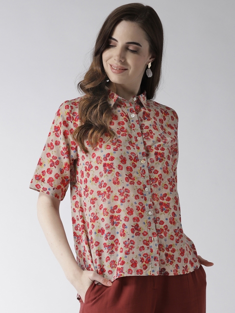 

Vaak Women Grey & Pink Regular Fit Floral Print Casual Shirt