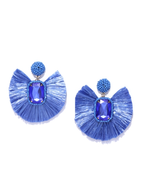 

Blueberry Blue Tasselled Stone-Studded Handcrafted Drop Earrings