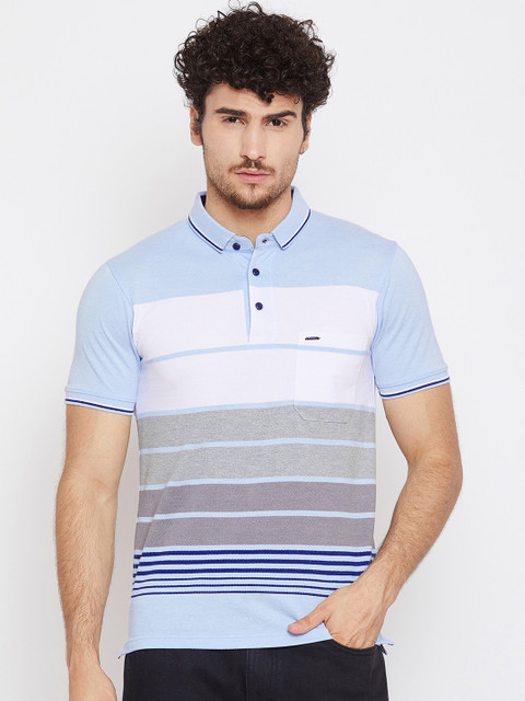 

Okane Men Blue Striped Polo Collar T-shirt