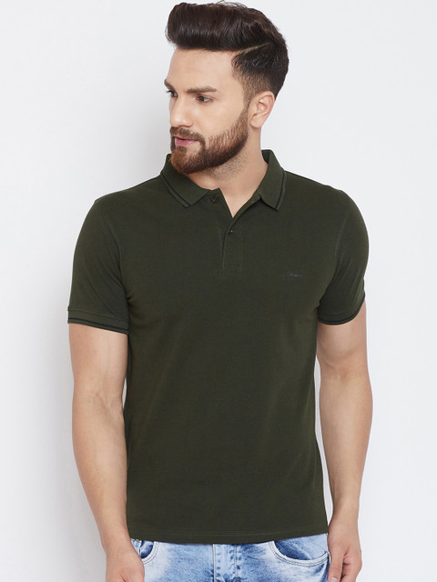 

Okane Men Olive Green Solid Polo Collar T-shirt