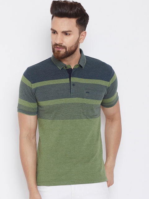 

Okane Men Green Striped Polo Collar T-shirt