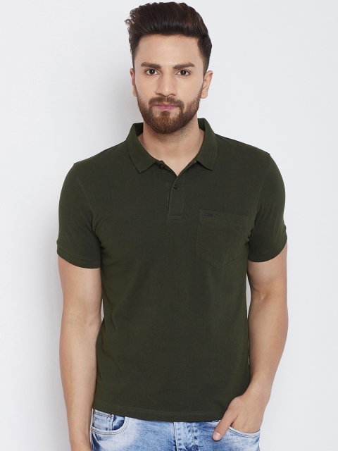 

Okane Men Olive Green Solid Polo Collar T-shirt