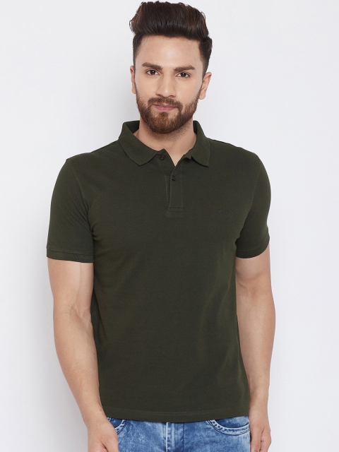 

Okane Men Olive Green Solid Polo Collar T-shirt
