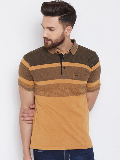 

Okane Men Brown Striped Polo Collar T-shirt