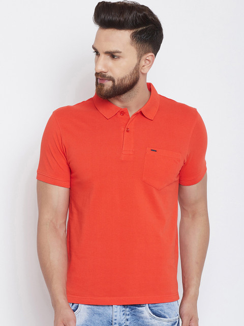 

Okane Men Orange Solid Polo Collar T-shirt