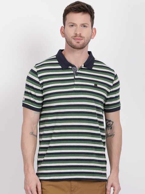 

t-base Men Green Striped Polo Collar T-shirt